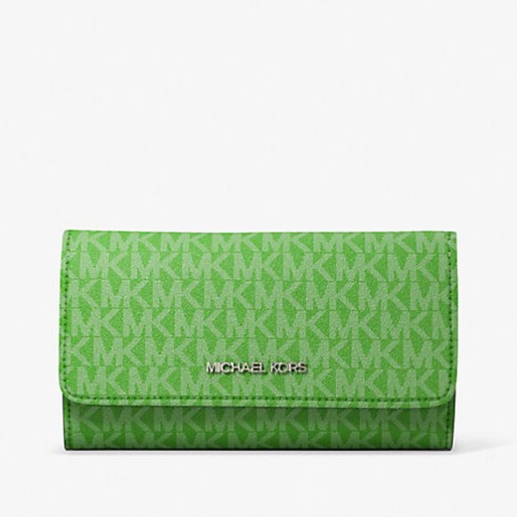 New Michael Kors Jet Set Travel Large Logo Trifold Wallet Jungle Green Multi - Picture 1 of 3